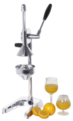 Orangensaftpresse aus verchromtem Zinkguss, hochglänzend, mit herausnehmbarem Einsatz aus Edelstahl 18/10, mit rückfederndem