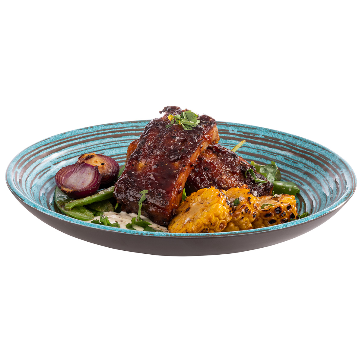 Teller -CANCUN-, Ø 25,5 cm, H: 4,5 cm, Melamin, innen: Dekor, türkis / braun, außen: braun, 0,8 Liter