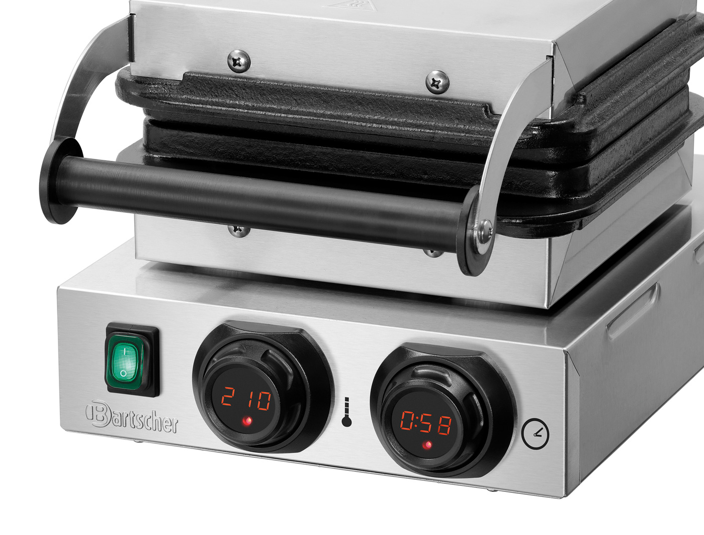 Bartscher Waffeleisen MDI 1BW160-101 |Eigenschaften: Signalton nach Ablauf der Zeit (0- 9:30 Minuten) | Maße: 28,5 x 46 x 24,5 cm.