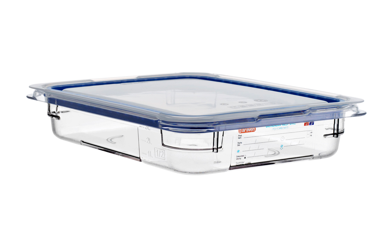 ARAVEN luftdichter Polycarbonat Behälter GN 1/2 65mm Höhe und 2,8 Liter Fassungsvermögen, durchsichtig