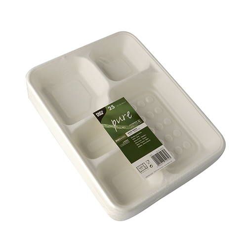 PAPSTAR 25 Menü-Trays, Zuckerrohr "pure" 5-geteilt 3,7 cm x 22 cm x 28,2 cm weiss