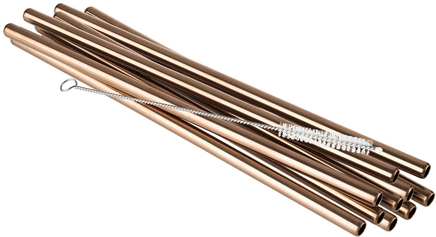 Trinkhalme 11er Set Ø 8 mm, Länge: 21,5 cm 18/8 Edelstahl, Kupfer-Look Inhalt: - 10 Trinkhalme - 1 Reinigungsbürste