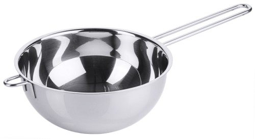 Wasserbadschüssel für Töpfe von Ø 20 bis 26 cm aus Edelstahl 18/10, hochglänzend, mit Drahtgriff und Schüttrand, schwere Qualität