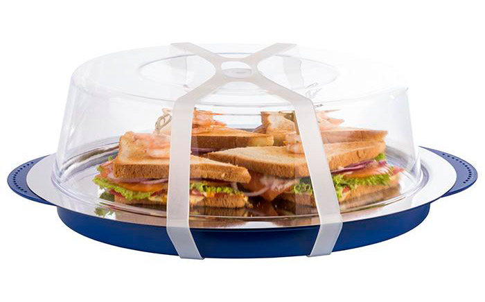 Buffet Kühlplatte COOL in rund, mit Abdeckaube in transparent und Trägerschale in blau. Durchmesser: 350 mm, Höhe: 150 mm
