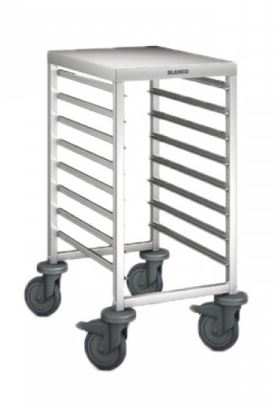BLANCO Regalwagen a. rostfreiem Edelstahl mit Kunststoffrollen, mit Arbeitsplatte, Auflagenpaare: 8 Paar, Auflagenabstand: 73 mm,