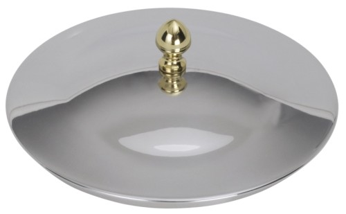 Knopfdeckel aus Edelstahl 18/10, hochglänzend, mit vergoldetem Griffknopf, ohne Löffelausschnitt, schwere Qualität passend zu: