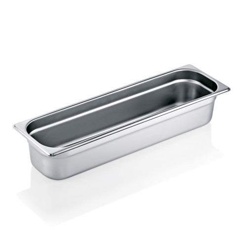 GN 2/4 Behälter, Materialstärke 0,7 mm. Material: Chromnickelstahl 18/8. Serie: GN 90. Inhalt in Litern: 5,6. Maße: Höhe: 100 mm