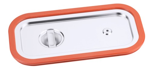 GN-Deckel mit Gummidichtung aus Edelstahl 18/10, seidenmatt poliert, mit Griffmulde und Loch gegen Unterdruck,