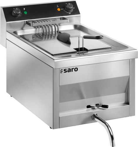 SARO Fritteuse Tischmodell GASTROLINE 9V Made in Europe - Material: Edelstahl - Abgerundetes Becken mit Kältezone - Mit Ablasshahn (Auslauf