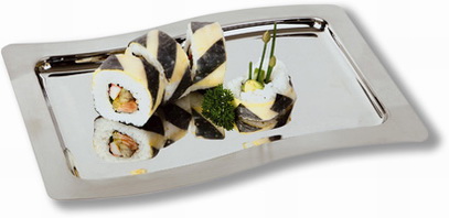 Tablett SWING, rechteckig, aus 18/0 Edelstahl, Höhe: 1 cm, Länge 28,5 cm, Breite 20 cm, Rand mattiert, innen hochglanzpoliert