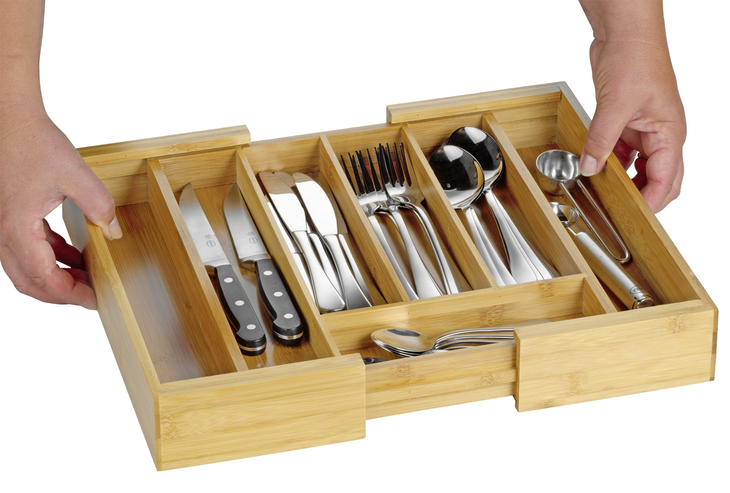 Besteckkasten SIMON aus Bambusholz, passend für alle handelsüblichen Schubladen, ausziehbar von 28,5 auf ca. 40 cm, 5 bzw. 7 Fächer