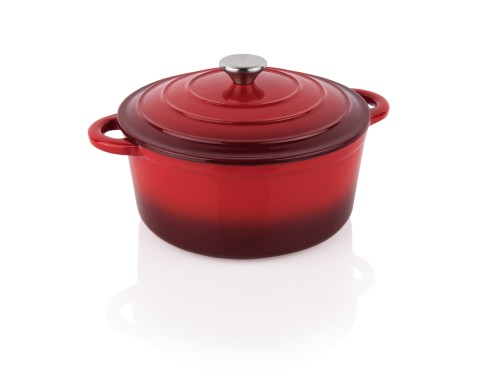 Topf. Gusseisen. emailliert, mit Edelstahlgriff. Durchmesser: 26 cm.