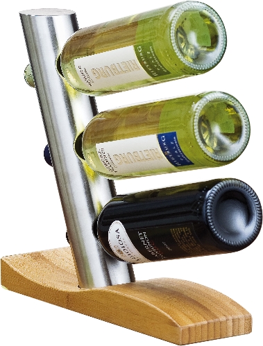 Weinregal JAMES Weinflaschenhalter aus mattiertem Edelstahl, auf einem geschwungenen Bambus-Fuss.