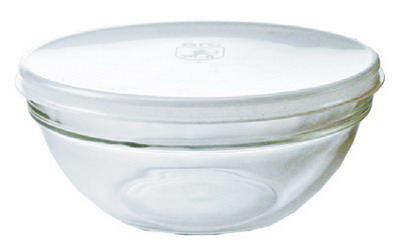 Glasschale EMPILABLE, Inhalt: 2,6 Liter, Durchmesser: 232 mm, Höhe: 106 mm, stapelbar, mit Plastikdeckel.