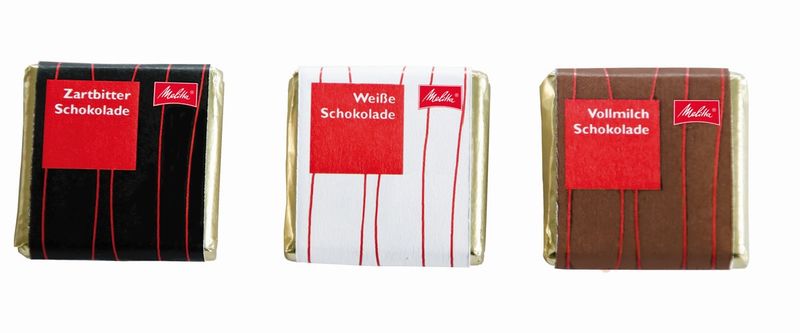 Melitta Schokotäfelchen je 100 Täfelchen à 4,5 gr Vollmilch-, Zartbitter- und weiße Schokolade