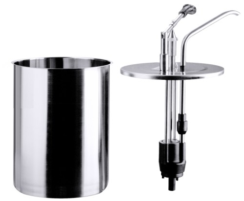 Runder Dispenser/ Dosierspender ganz aus Edelstahl 18/10, selbstansaugende Pumpe, einstellbare Dosiermenge, schwenkbarer