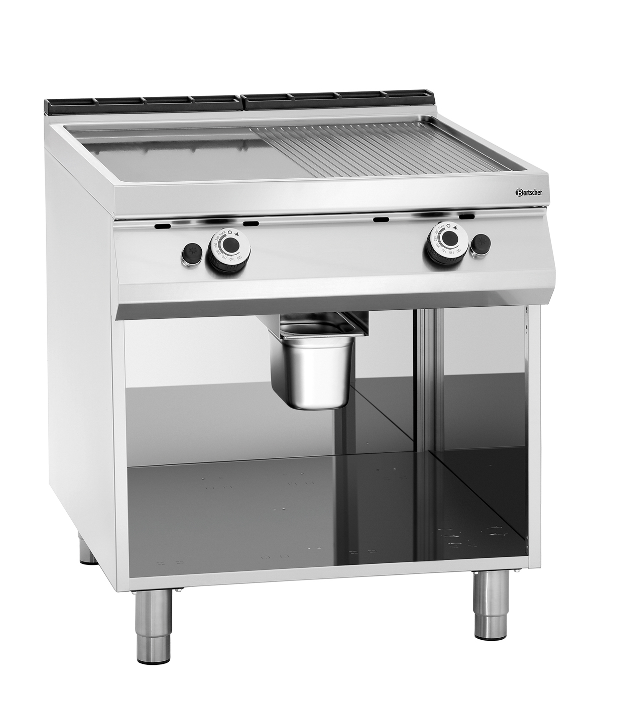 Bartscher Gas-Griddleplatte, 1/2 + 1/2, OU |Höhenverstellbar bis: 950 mm | Maße: 80 x 90 x90,0 cm. Gewicht: 115,2 kg