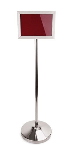 Info-Ständer. Chromnickelstahl. DIN A4 Querformat, rückseitig aufklappbar.