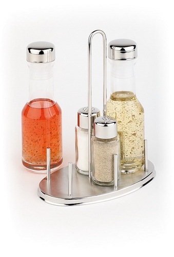 4-tlg. Menage -Classic- 17,5 x 10,5 cm, H: 23 cm 18/8 Edelstahl, oval Essig - Öl - Salz - Pfeffer Glasbehälter