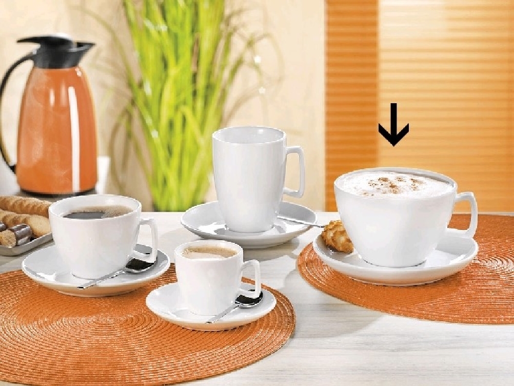 Milchkaffee-Tasse, Inhalt: 0,4 ltr., mit Untertasse, Form CREMA, UNI WEISS, Henkelform eckig, Höhe: 8,0 cm