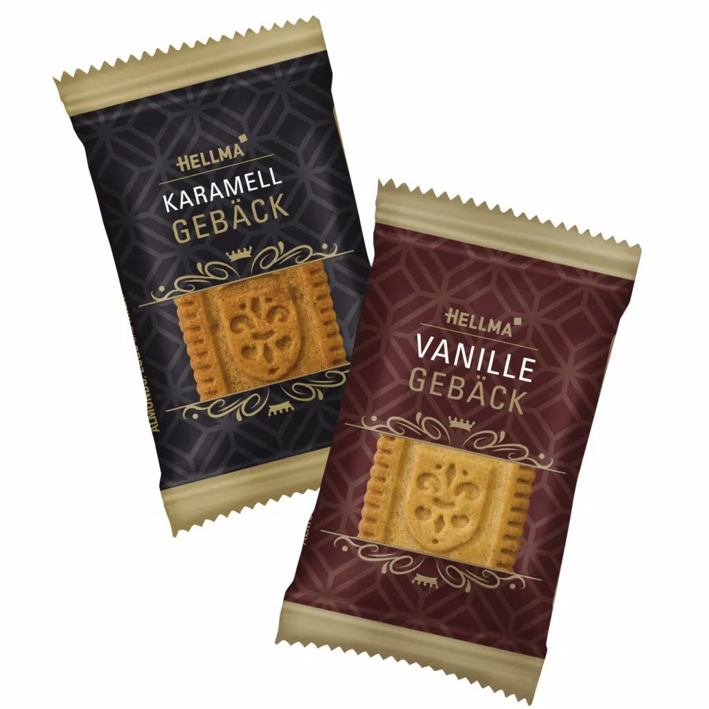 Edles Gebäck Mix, mit 125 Gebäckstücken a 3,5g, Sorten vanille und Karamell, Spenderbox recyclebar