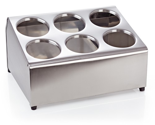 Besteckbehälter. für 6 Besteckköcher. Chromnickelstahl. mit rutschhemmenden Füßen. Höhe