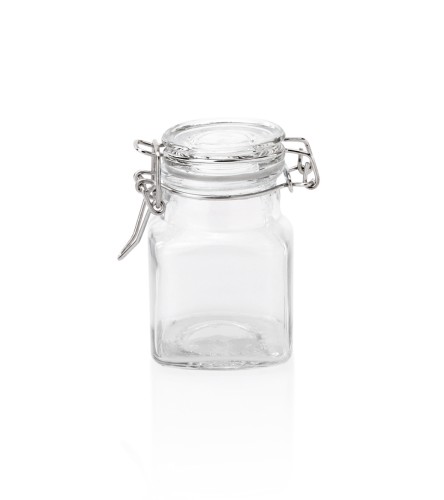 Petit-Bügelverschlussglas. Glas. Deckel mit Dichtung. Maße: 5 x 5 x 8 LxBxH.