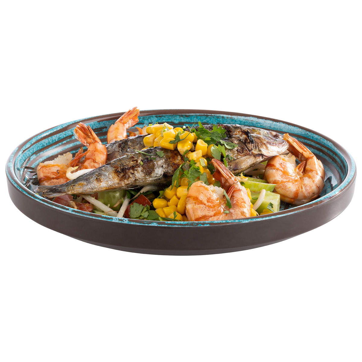 Teller -CANCUN-, Ø 23 cm, H: 3,5 cm, Melamin, innen: Dekor, türkis / braun, außen: braun