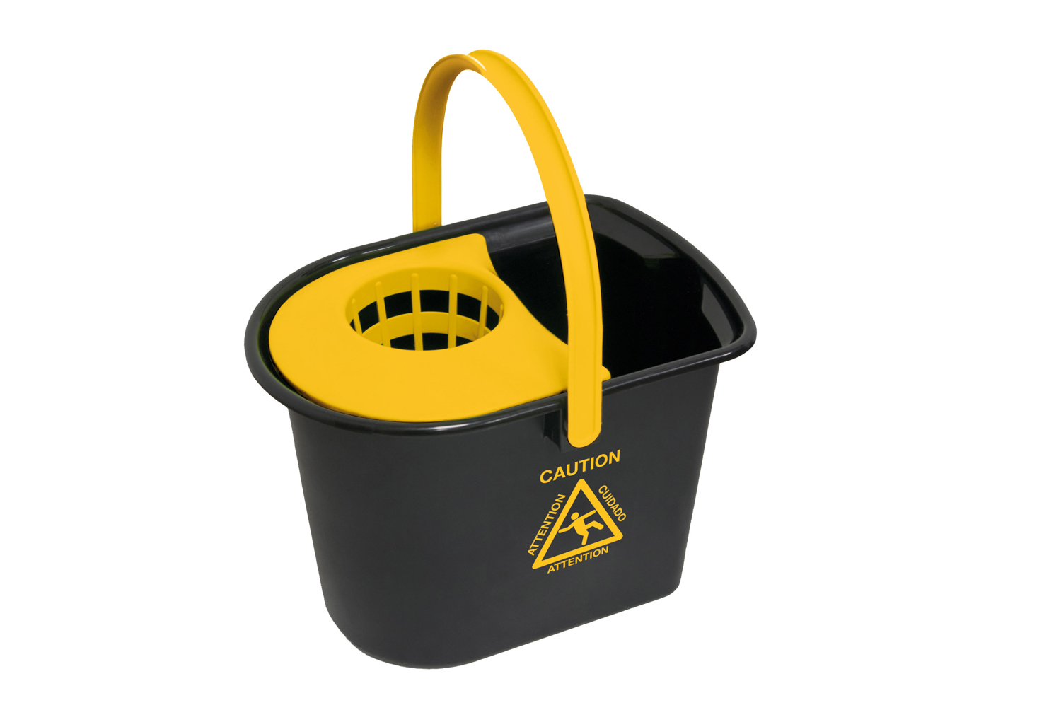 ARAVEN Putzeimer mit Auswringer, 15 Liter Füllvermögen in schwarzer Farbe mit Warnzeichen