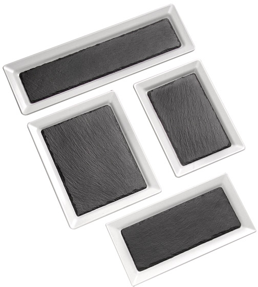 Naturschieferplatte 24 x 15 cm Materialstärke 6-9 mm möbelschonende Füßchen gebrochene Kanten glänzende, versiegelte