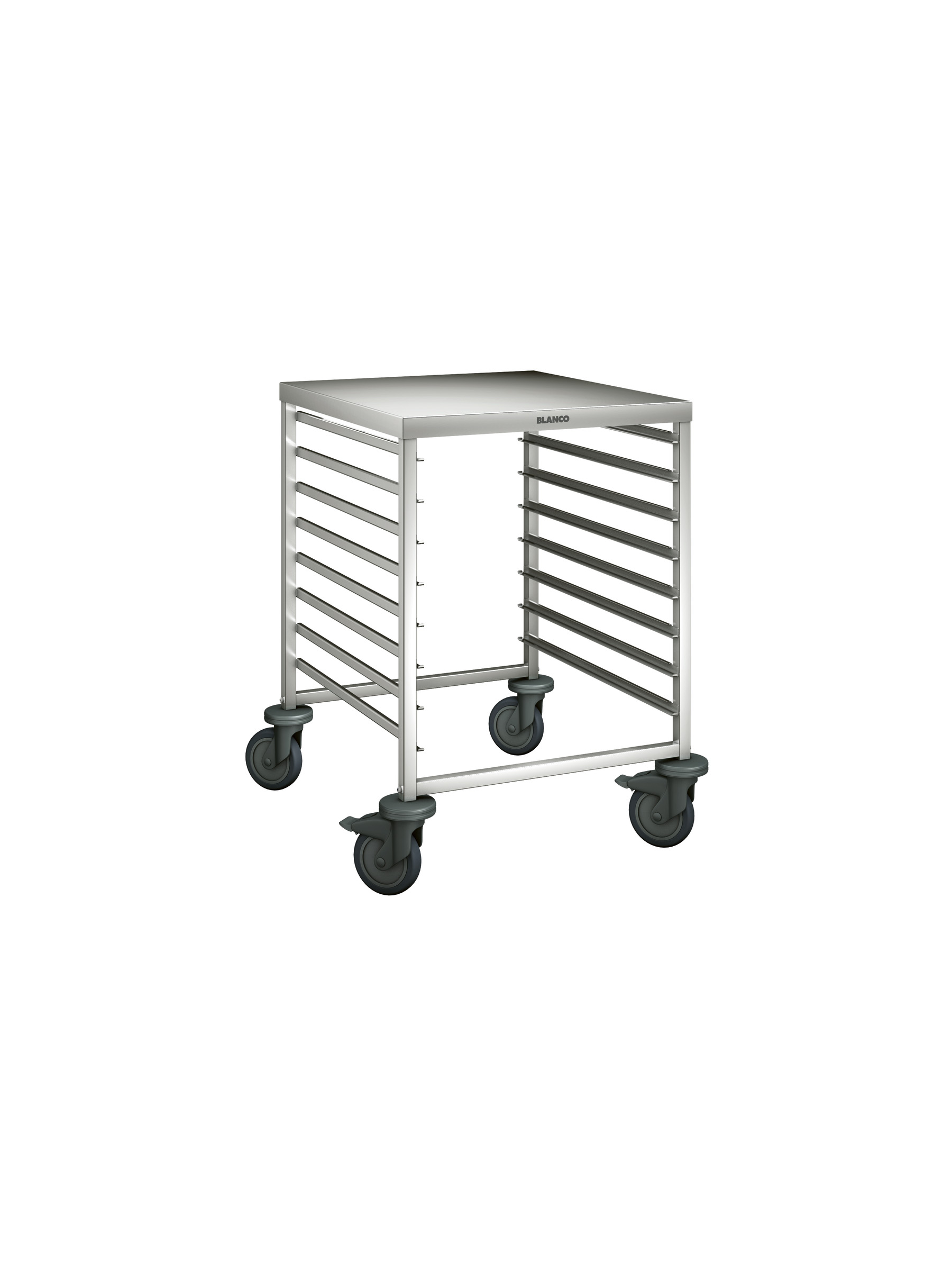 BLANCO Regalwagen a. rostfreiem Edelstahl mit Kunststoffrollen, mit Arbeitsplatte, Auflagenpaare: 8 Paar, Auflagenabstand: 73 mm,