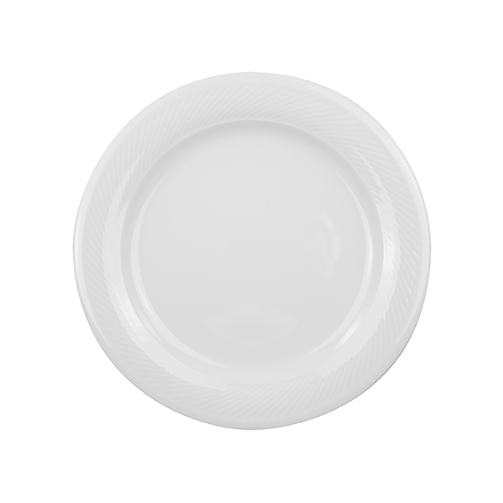 Teller flach 23 cm - Form: Swing Time - weiss -, aus Porzellan. Hersteller: Eschenbach. "Made in, Germany".