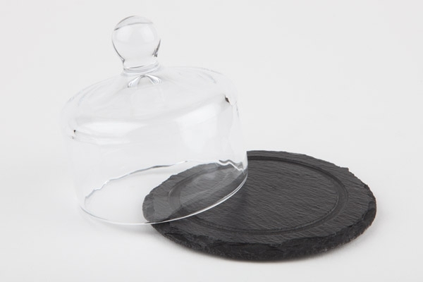 Naturschieferplatte, 2-teilig Ø 10,5 cm, H: 8 cm Materialstärke 6-9 mm mit Glashaube möbelschonende Füßchen gebrochene Kanten