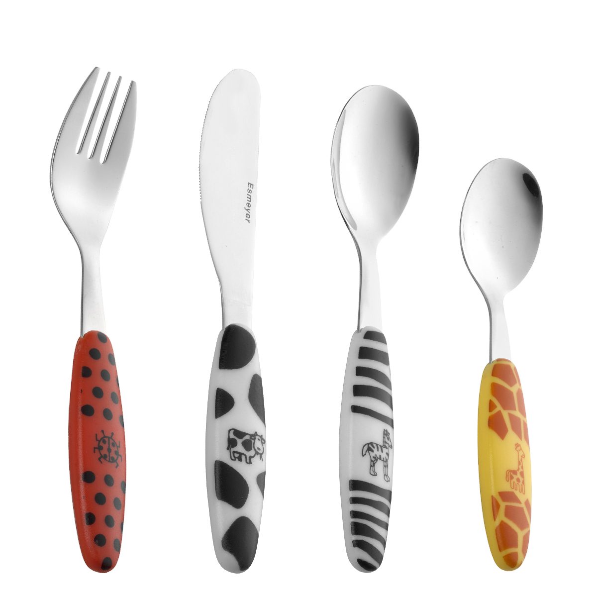 4-teiliges Kinderbesteck SAFARI, aus Edelstahl 18/0, poliert. Messer aus Klingenstahl. Griffe aus ABS-Kunststoff, mit Tiermotiven bedruckt.