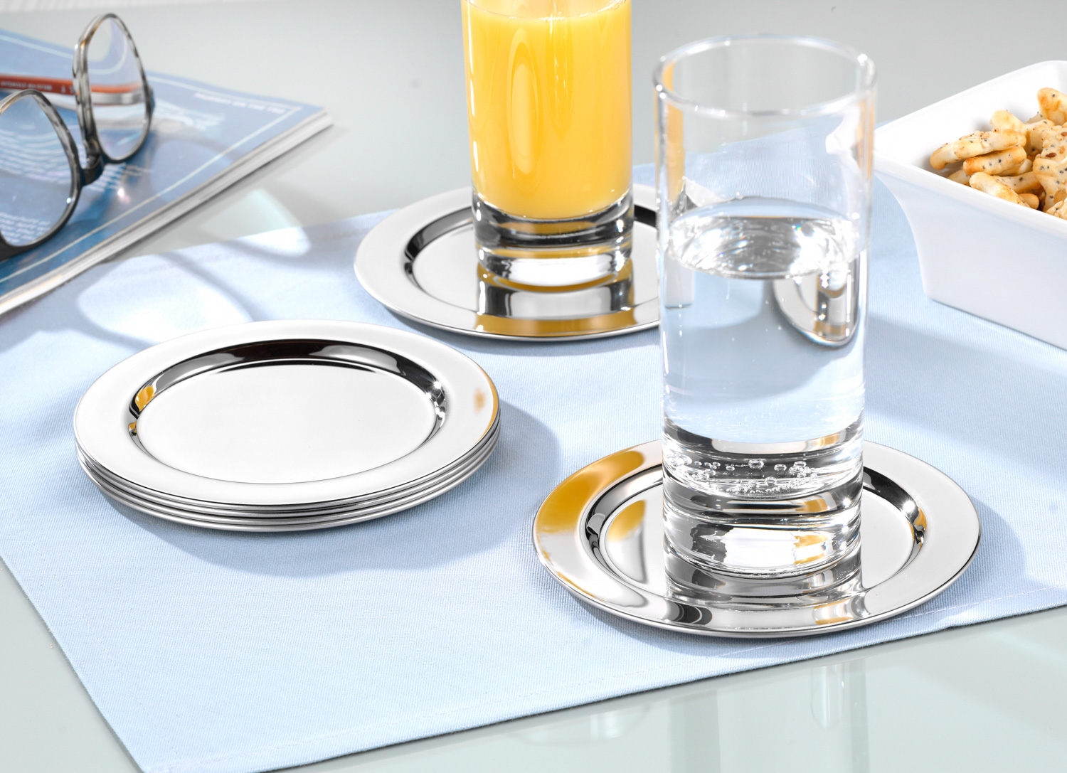 Edelstahl-Untersetzer ROLLO, 6-er Set, rund, Durchmesser: 11 cm (innen: 9 cm), Edelstahl 18/8 poliert, Rand eingerollt.