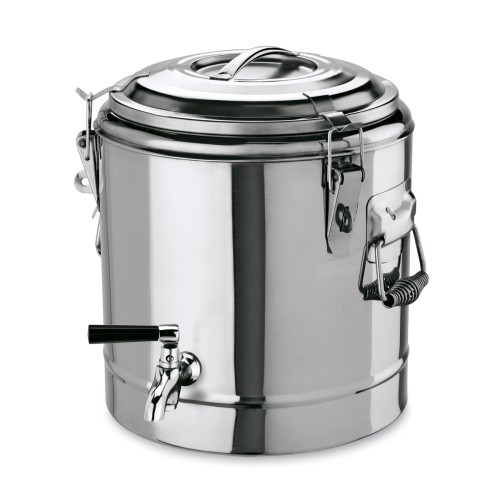 Thermogetränkebehälter, mit 3 Verschlussklammern und 2 Fallgriffen, Deckel mit Dichtung. Material: Chromnickelstahl. Inhalt in Litern: 35.