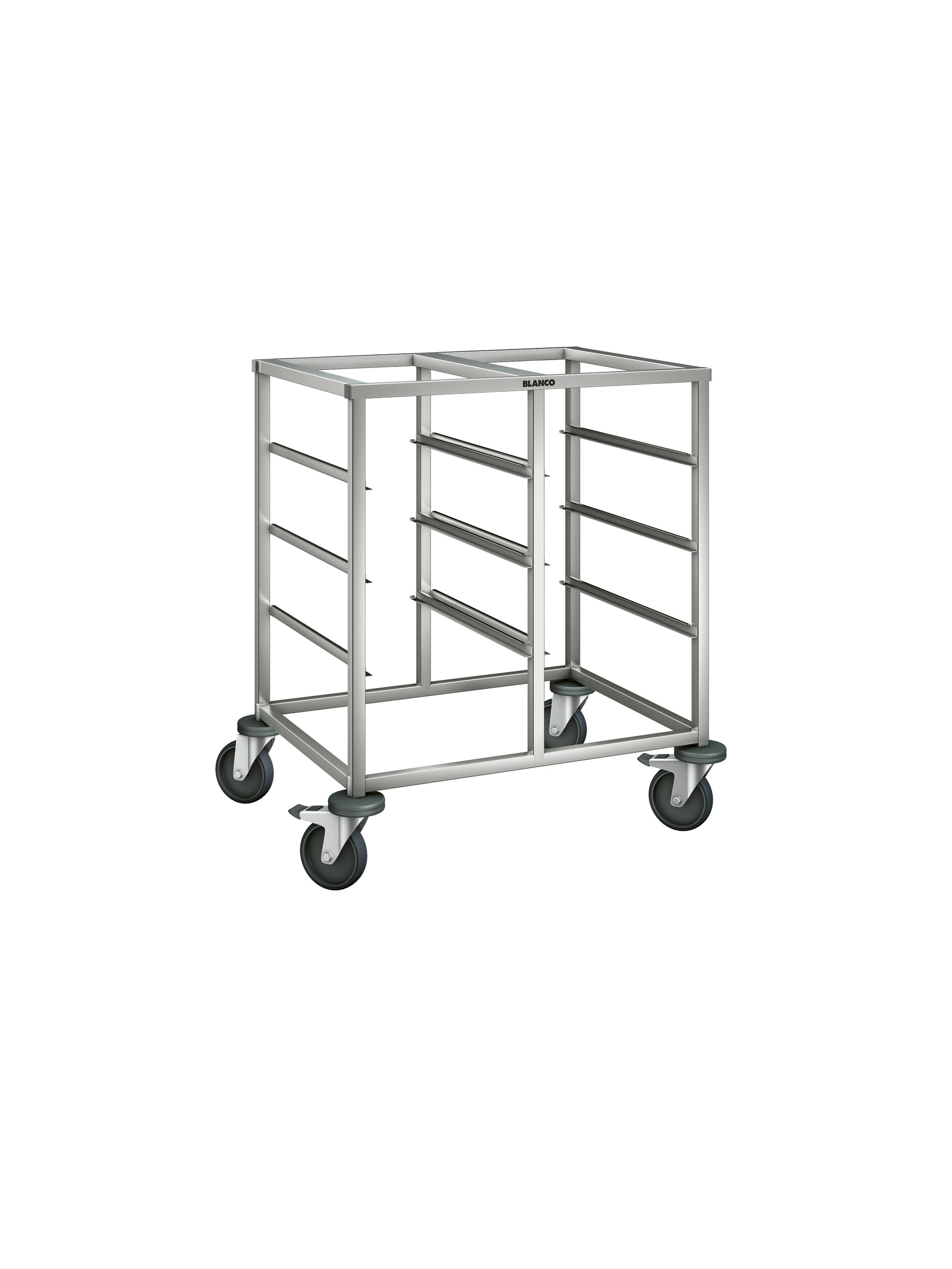 BLANCO Regalwagen aus rostfreiem Edelstahl mit stahlverzinkten Rollen, 2-teilig, zum Einhängen von GN-Behältern, Auflagenpaare: 6 Paar + 2 Paar