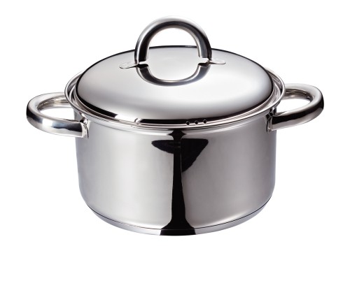 Fleischtopf mit Deckel. Chromnickelstahl. mit Sandwichboden und Edelstahlkaltgriffen.