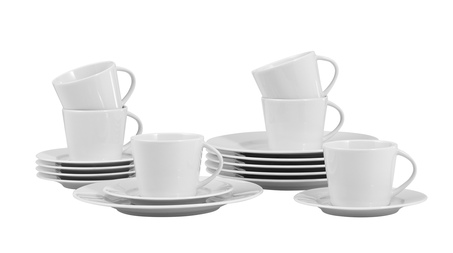 18-teiliges Sparset / Kaffeeset ISTA von caterado, aus weißem Porzellan. Enthält je 6 Obertassen, Untertassen und Dessertteller