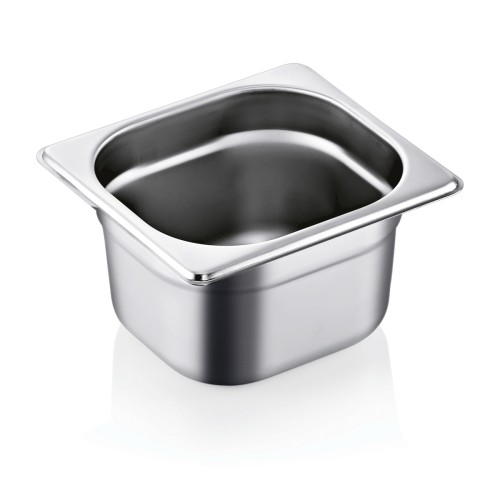 GN 1/6 Behälter, Materialstärke 0,7 mm. Material: Chromnickelstahl 18/8. Serie: GN 90. Inhalt in Litern: 1,6. Maße: Höhe: 100 mm