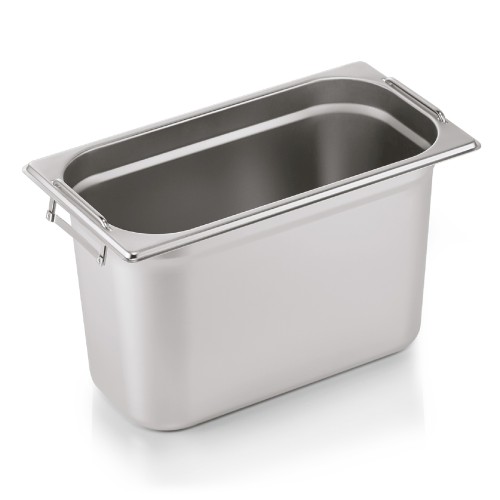 GN 1/3 Behälter, Materialstärke 0,6 mm, mit Fallgriffen. Material: Chromnickelstahl. Serie: GN 73. Inhalt in Litern: 7. Maße: Höhe: 200 mm