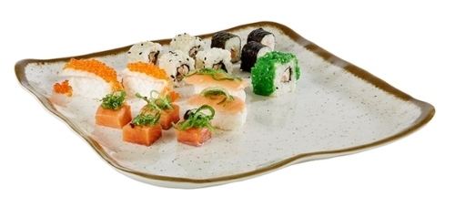 Teller -STONE ART- 33 x 32,5 cm, H: 3 cm Melamin innen: Dekor, weiß Rand: braun außen: weiß spülmaschinengeeignet stapelbar