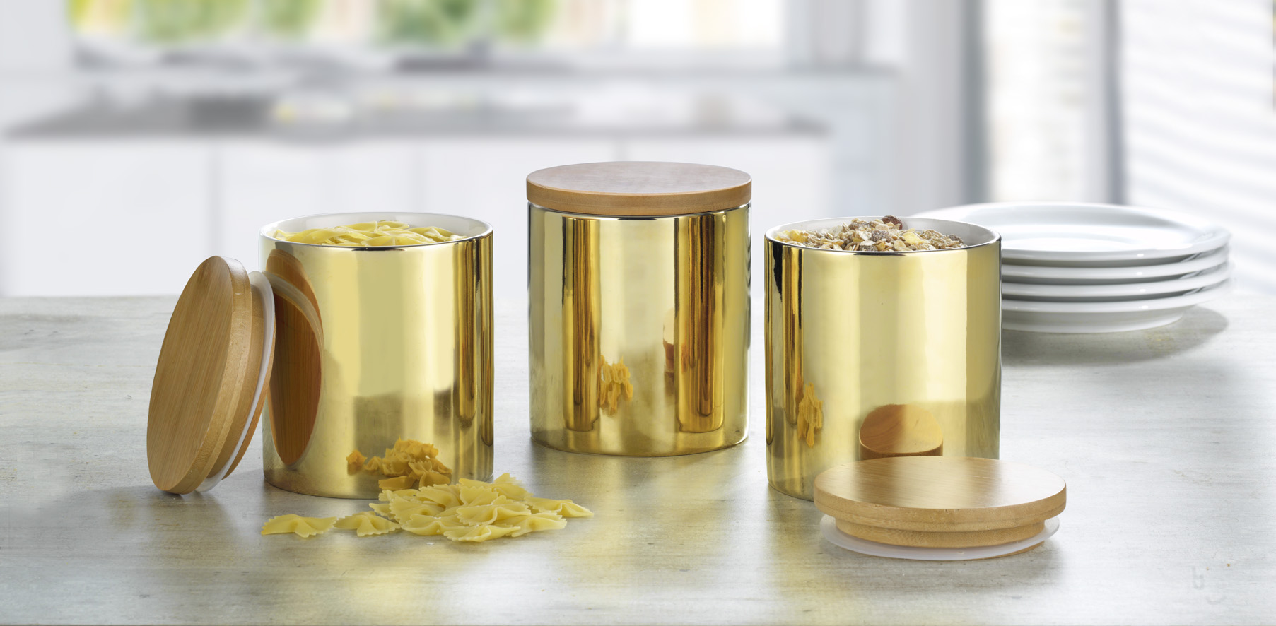 3-teiliges Vorratsdosen-Set GRENOBLE, Höhe 12,8 cm aus Porzellan, Farbe: Gold (innen weiß).