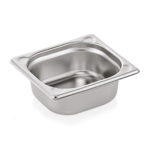 GN 1/6 Behälter, Materialstärke 0,6 mm, Randverstärkung durch geprägte U-Ecken. Material: Chromnickelstahl. Serie: GN 76. Inhalt in Litern: