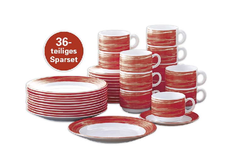 36-teiliges SPARSET BRUSH Cherry/ Rot Hartglasgeschirr mit farbigem Dekor, stapelbar, spülmaschinengeeignet