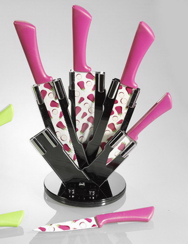 5-tlg. Messerset SOLAR Griffe aus Kunststoff, Farbe: brombeere antihaftbeschichtete, bedruckte Klingen