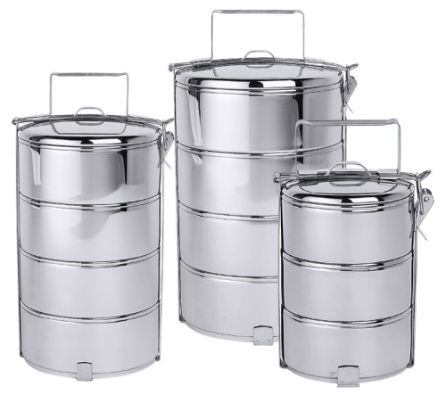 Etagen-Essenträger mit drei Etagen aus Edelstahl 18/10, hochglänzend, nur komplett lieferbar, bestehend aus Bügel, einem Deckel und