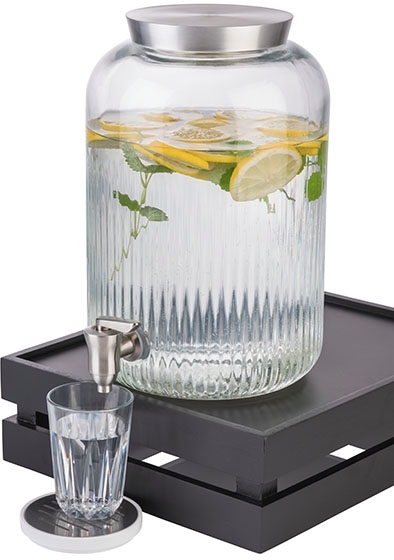 APS Getränkespender mit Deckel und Zapfhahn. Kapazität: 7 Liter. Material: Glas, Edelstahl. Maß: Ø 20 cm, H: 30,5 cm.