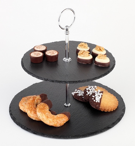 2-stufige Etagère Ø 25 / 20 cm, H: 24 cm Naturschiefer Metall verchromt Materialstärke 6-9 mm möbelschonende Füßchen