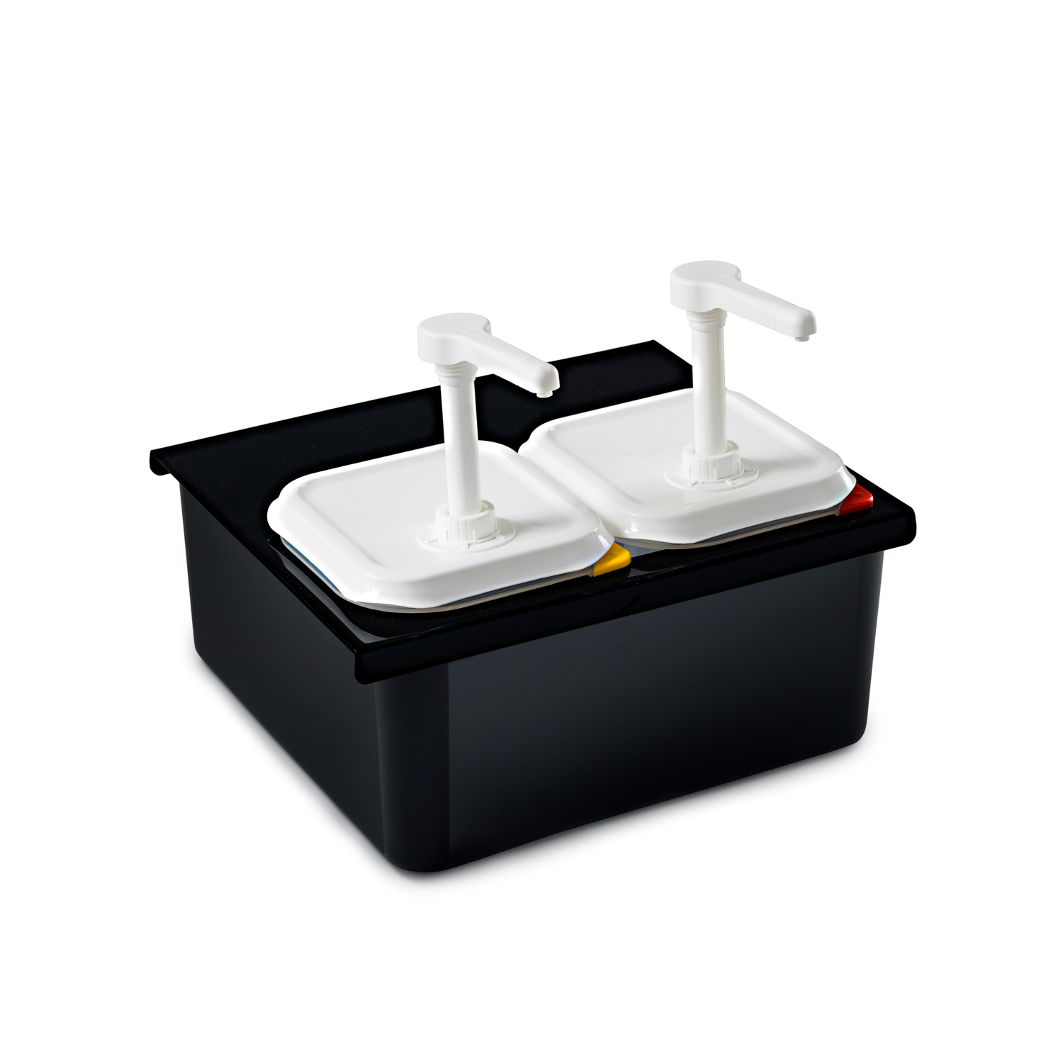 ARAVEN Set mit 2 Spendern GN 1/6 mit 2,6 Liter Füllvermögen und einem passenden Gestell in schwarz